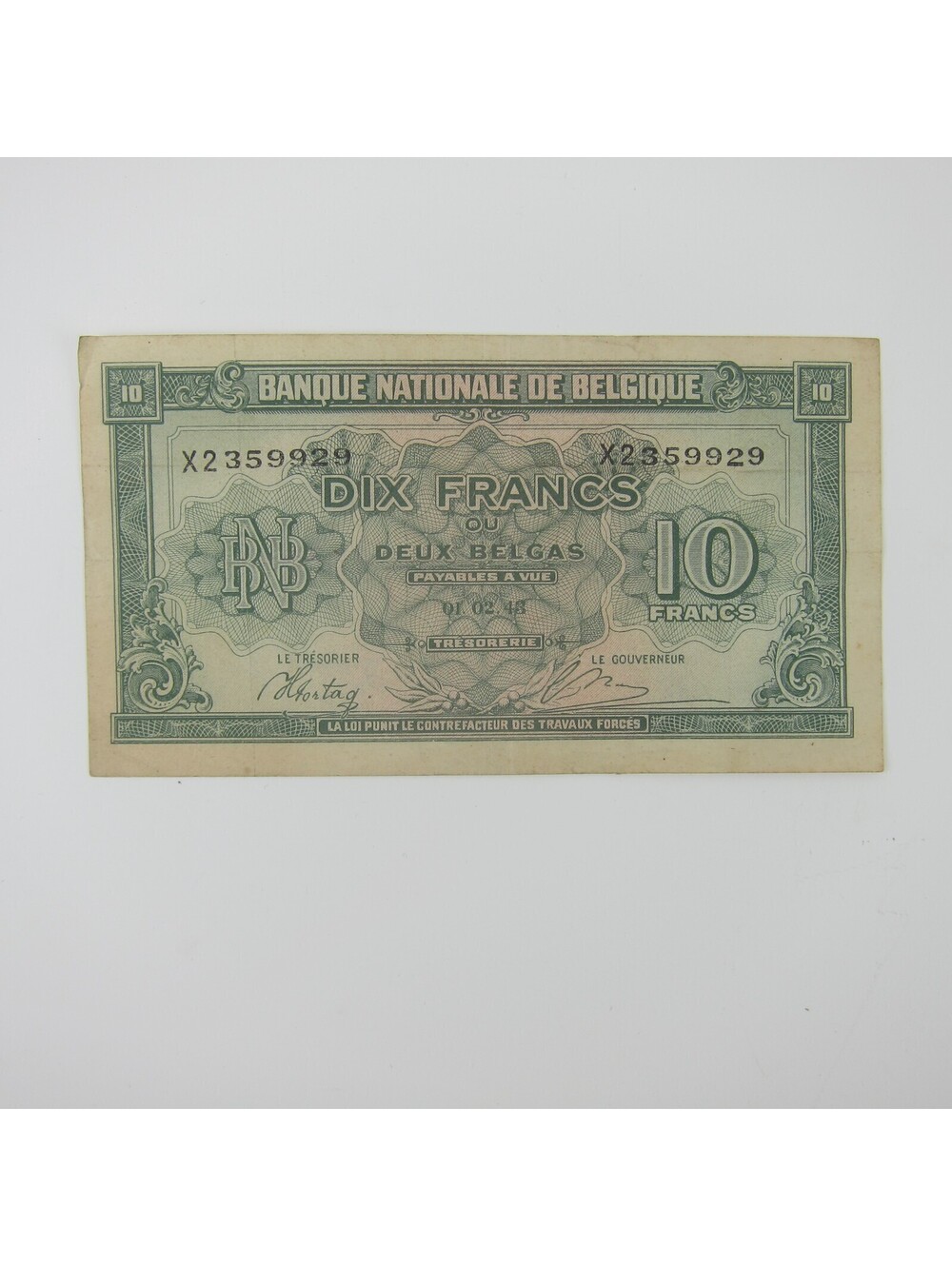 Belgium 10 Francs Banknote World War WWII-2 Paper Currency Vintage 1943